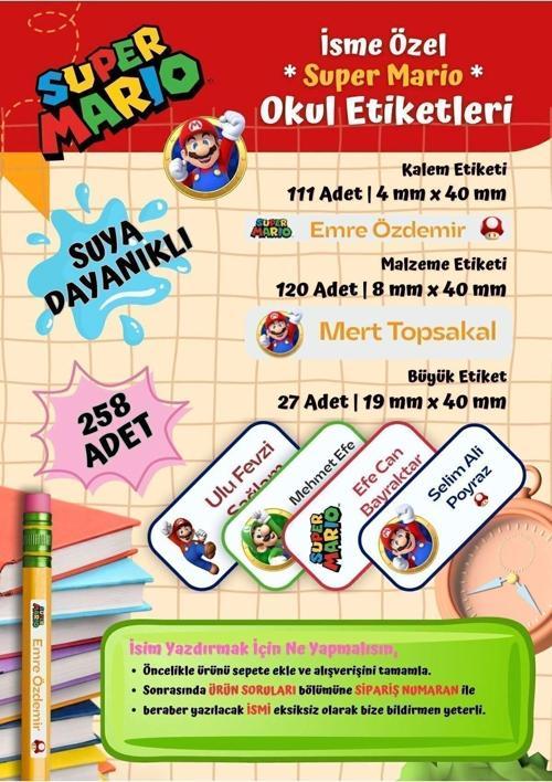 Super Mario Okul Etiketi Defter Etiketi Kalem Etiketi Kişiye Özel Suya Dayanıklı İsim Yazılabilien