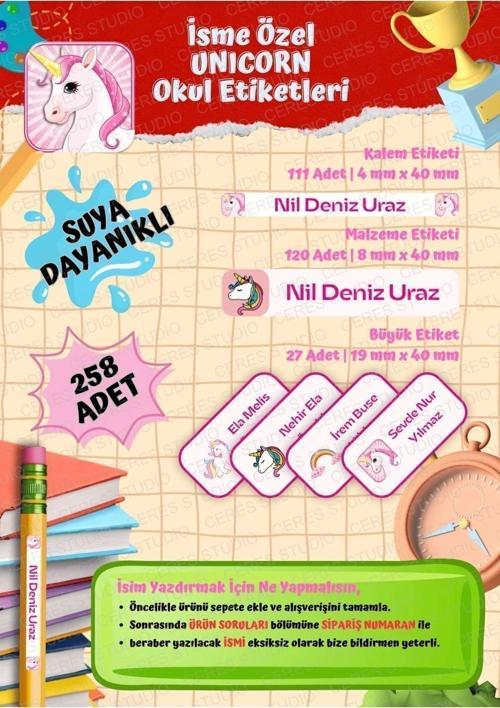 Unicorn Okul Etiketi Defter Etiketi Kalem Etiketi Kişiye Özel Suya Dayanıklı İsim Yazılabilien