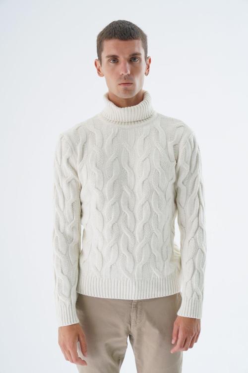 Erkek Kemik Balıkçı Yaka Pirinç Saç Örgülü Yün Triko Örme Kazak Trıst-5337