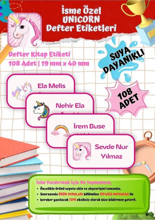 Unicorn Okul Etiketi Defter Etiketi Kitap Etiketi Kişiye Özel Suya Dayanıklı İsim Yazılabilien