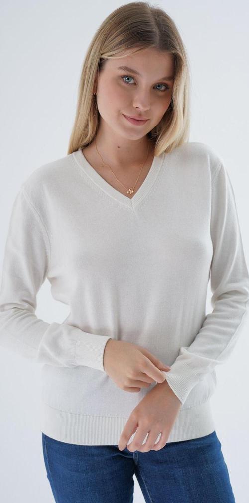 Ekru %100 Organik Pamuk V Yaka Triko Kazak Bluz