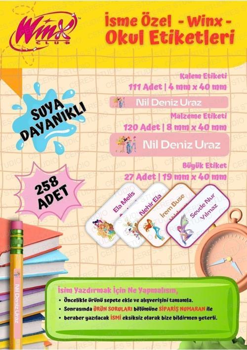 Winx Okul Etiketi Defter Etiketi Kalem Etiketi Kişiye Özel Suya Dayanıklı İsim Yazılabilien