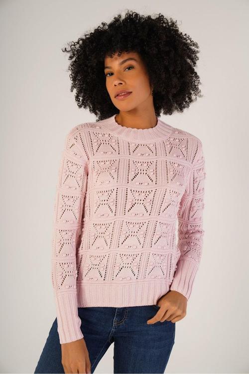 Pembe Kadın Pon Pon Desenli Ajurlu Bisiklet Yaka %100 Pamuk Kazak