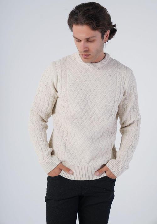 Bej Erkek Yürütme Saç Sepet Örgü Bisiklet Yaka Triko Yün Kazak