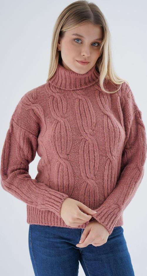 Kadın Gül Kurusu Oversize Balıkçı Yaka Selanik Saç Örgü Yünlü Özel İplik Triko Örme Kazak Trıst-6159