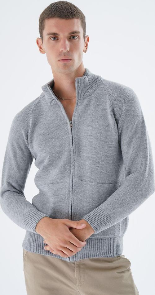 Erkek Gri Dik Yaka Fermuarlı Düz Cepli Yün Triko Örme Hırka Trıst-5335