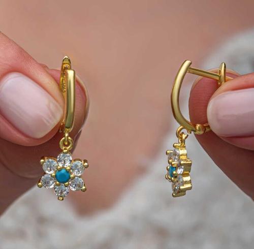 Gümüş Mavi Taşlı Gold Çiçek Kadın Küpe SL11530