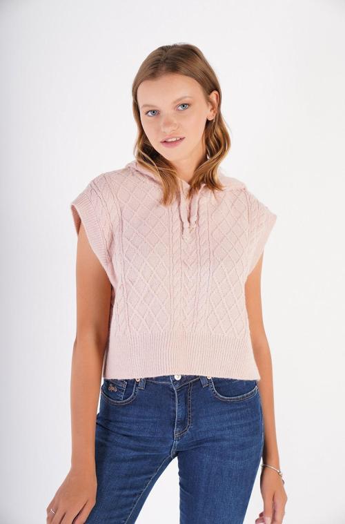 Kadın Pudra Kapüşonlu Oversize Yün Süveter Örme Triko Trist-6131