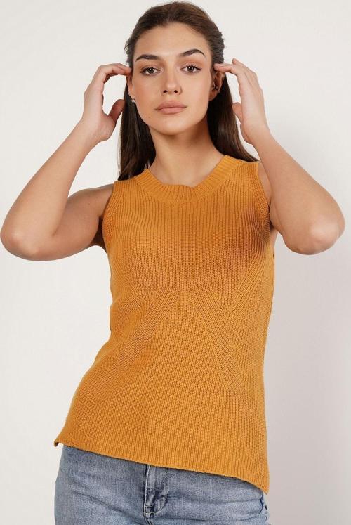 Sarı %100 Organik Pamuk Selanik Örgü Yırtmaçlı Bisiklet Yaka Triko Süveter Bluz