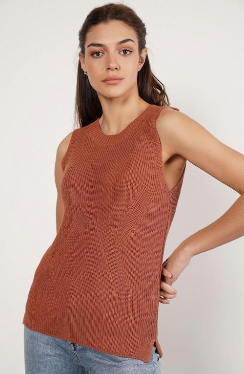 Kiremit %100 Organik Pamuk Selanik Örgü Yırtmaçlı Bisiklet Yaka Triko Süveter Bluz