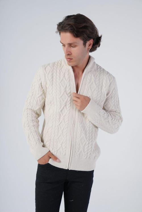 Bej Erkek Arka Fitilli Dik Yaka Fermuarlı Triko Yün Hırka Trıst-5299