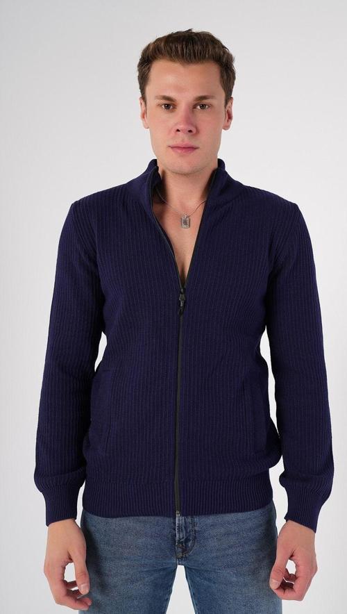 Lacivert Erkek %100 Pamuk Fermuarlı Dik Yaka Cepli Triko Hırka Trıst-1193