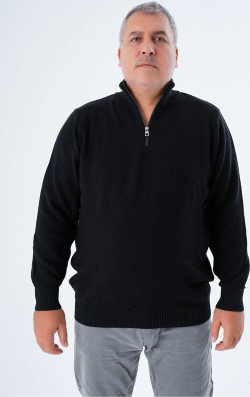 Büyük Beden Erkek Siyah Fermuarlı Dik Yaka Pirinç Örgü %100 Pamuk Triko Kazak Trıst-2113