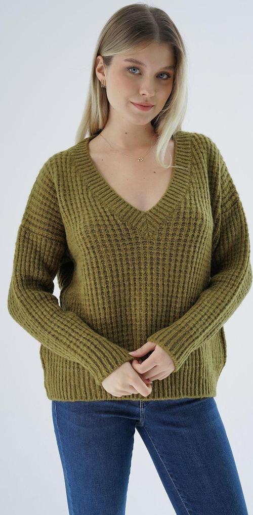Kadın Olive Oversize V Yaka Nopen Selanik Örgü Yünlü Özel İplik Triko Örme Kazak Trıst-6160