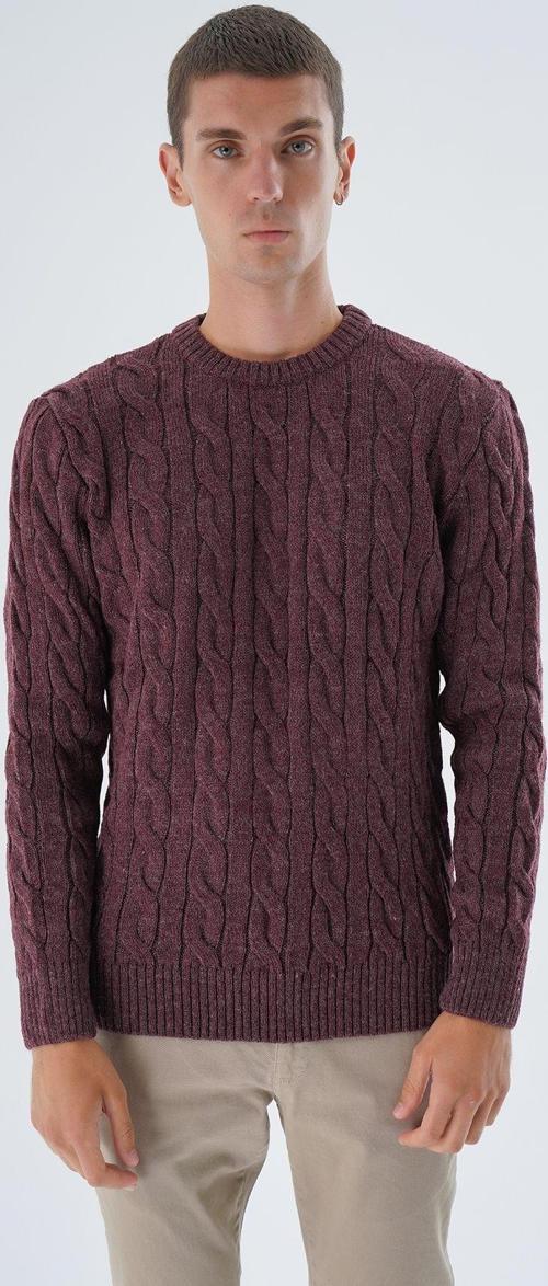 Erkek Bordo Bisiklet Yaka Saç Örgülü Yün Triko Örme Kazak Trıst-5324