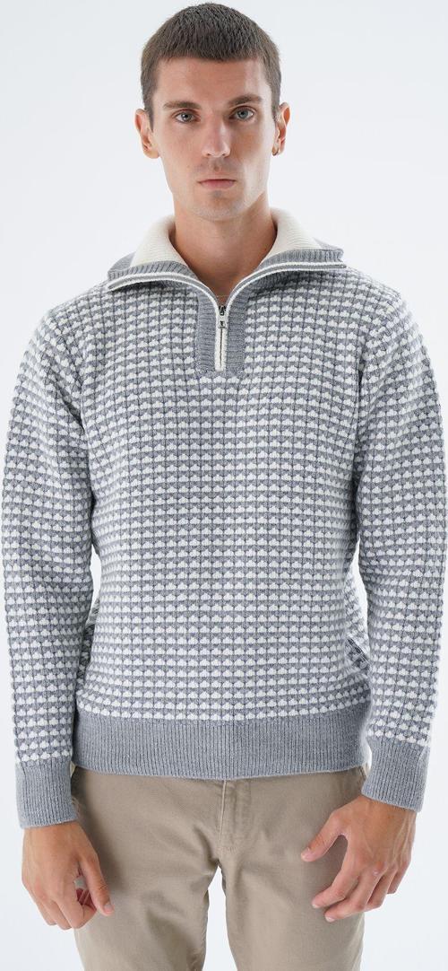 Erkek Gri Kamyon Yaka Jakarlı Üç Renkli Fermuarlı Yün Triko Örme Kazak Trıst-5340