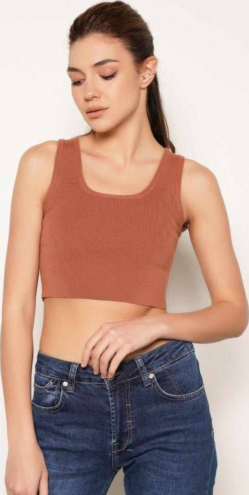 Kıremıt %100 Organik Pamuk Likralı Crop Kare Yaka Triko Atlet Örme Bluz
