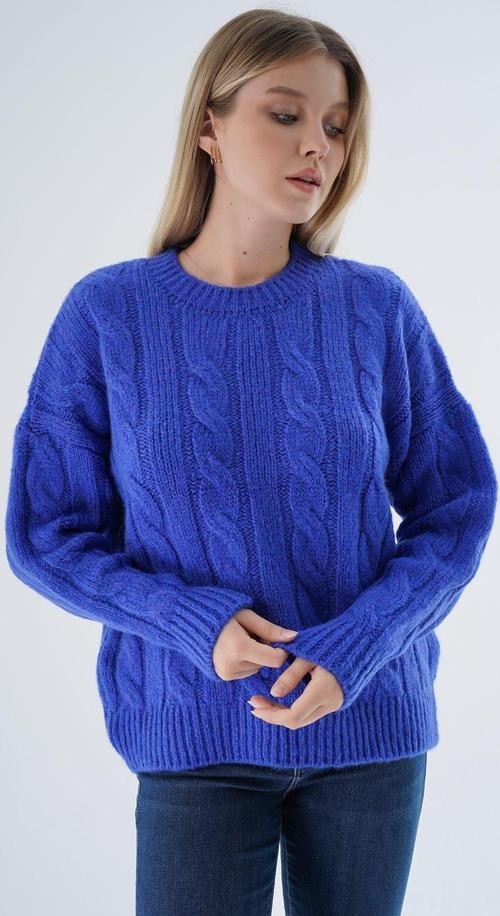 Kadın Saks Oversize Bisiklet Yaka Saç Örgülü Yünlü Özel İplik Triko Örme Kazak Trıst-6167
