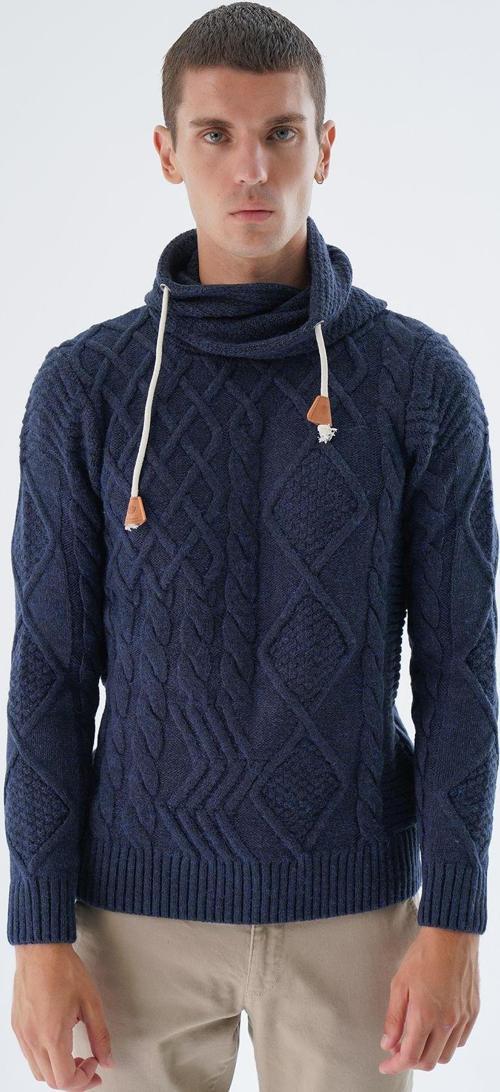 Erkek Lacivert Şal Yaka Yürütme Saç Örgülü Yün Triko Örme Kazak Trıst-5342