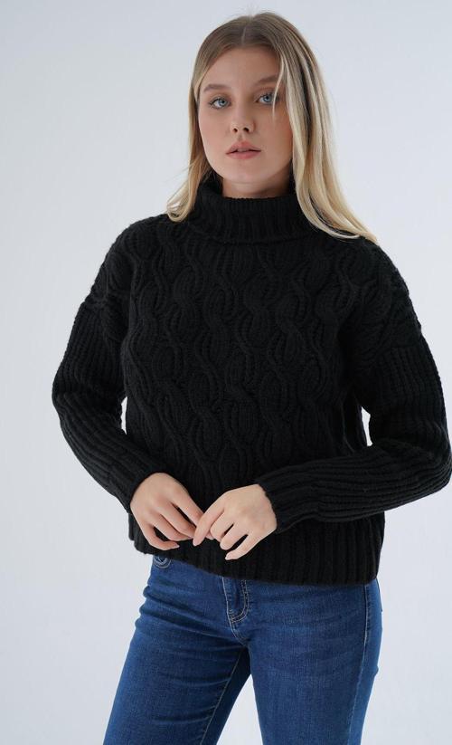 Kadın Siyah Oversize Balıkçı Yaka Selanik Saç Örgülü Yün Özel İplik Triko Örme Kazak Trıst-6163