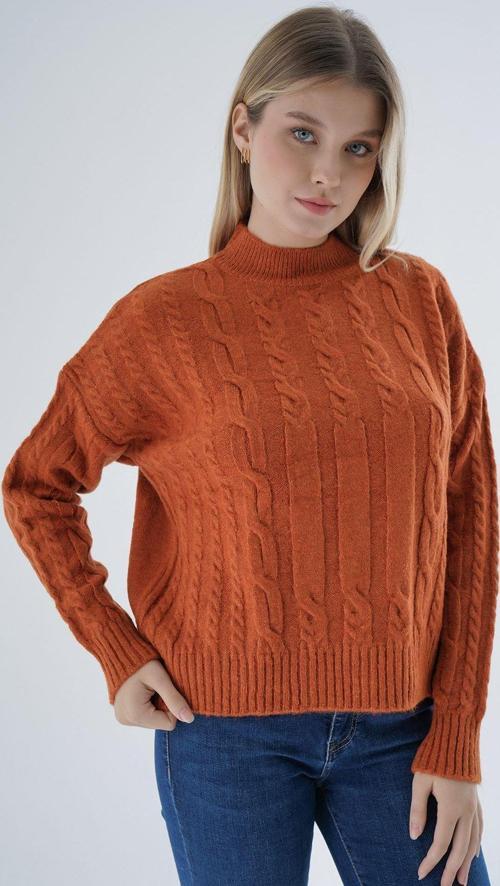 Kadın Turuncu Oversize Yarım Balıkçı Saç Örgülü Yünlü Özel İplik Triko Örme Kazak Trıst-6158