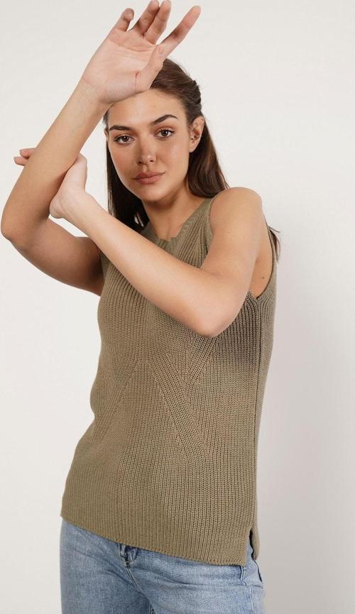 Hakı %100 Organik Pamuk Selanik Örgü Yırtmaçlı Bisiklet Yaka Triko Süveter Bluz