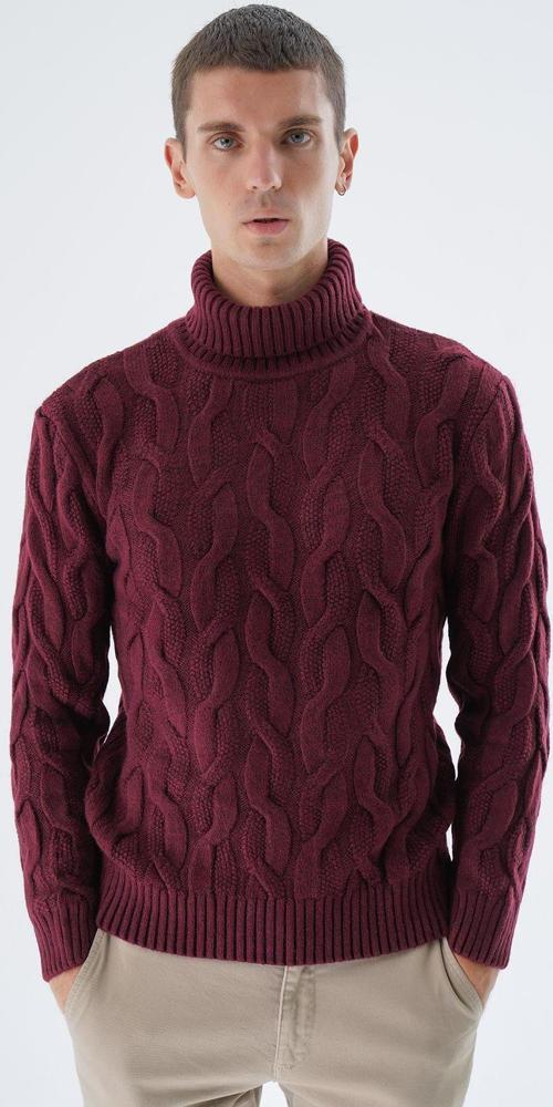 Erkek Bordo Balıkçı Yaka Pirinç Saç Örgülü Yün Triko Örme Kazak Trıst-5337