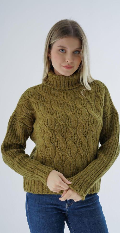 Kadın Olive Oversize Balıkçı Yaka Selanik Saç Örgülü Yün Özel İplik Triko Örme Kazak Trıst-6163