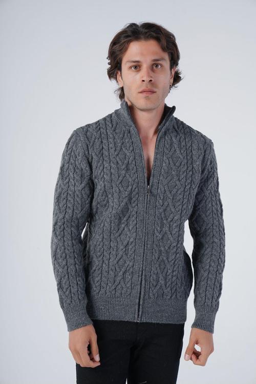 Antrasit Erkek Arka Fitilli Dik Yaka Fermuarlı Triko Yün Hırka Trıst-5299