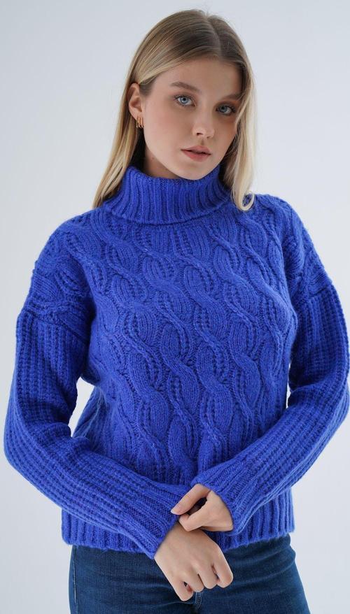 Kadın Saks Oversize Balıkçı Yaka Selanik Saç Örgülü Yün Özel İplik Triko Örme Kazak Trıst-6163