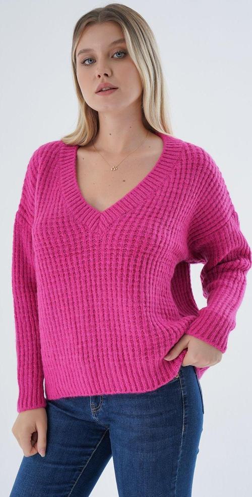 Kadın Fuşya Oversize V Yaka Nopen Selanik Örgü Yünlü Özel İplik Triko Örme Kazak Trıst-6160