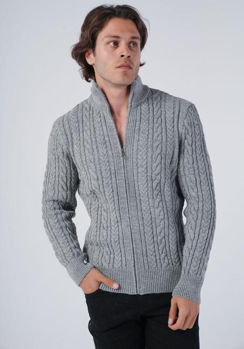 Gri Erkek Saç Örgülü Yürütme Fermuarlı Dik Yaka Triko Yün Hırka