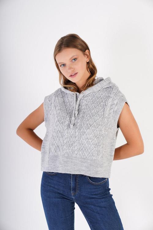 Kadın Gri Kapüşonlu Oversize Yün Süveter Örme Triko Trist-6131