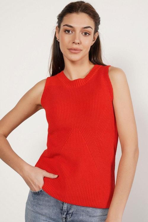 Nar Çiçeği %100 Organik Pamuk Selanik Örgü Yırtmaçlı Bisiklet Yaka Triko Süveter Bluz