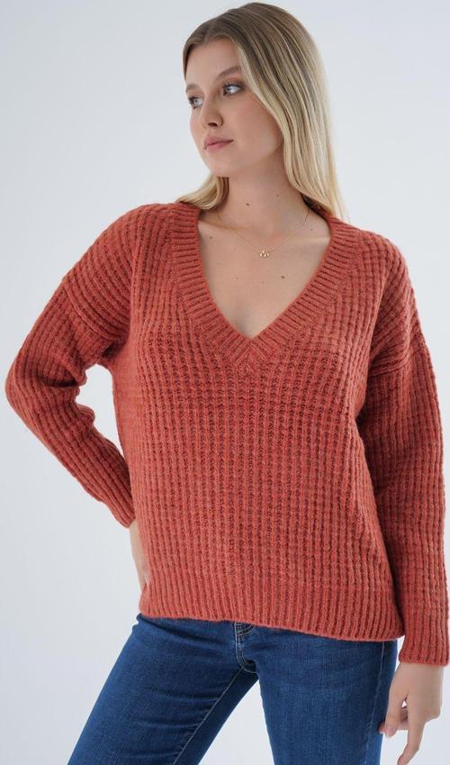 Kadın Kiremit Oversize V Yaka Nopen Selanik Örgü Yünlü Özel İplik Triko Örme Kazak Trıst-6160