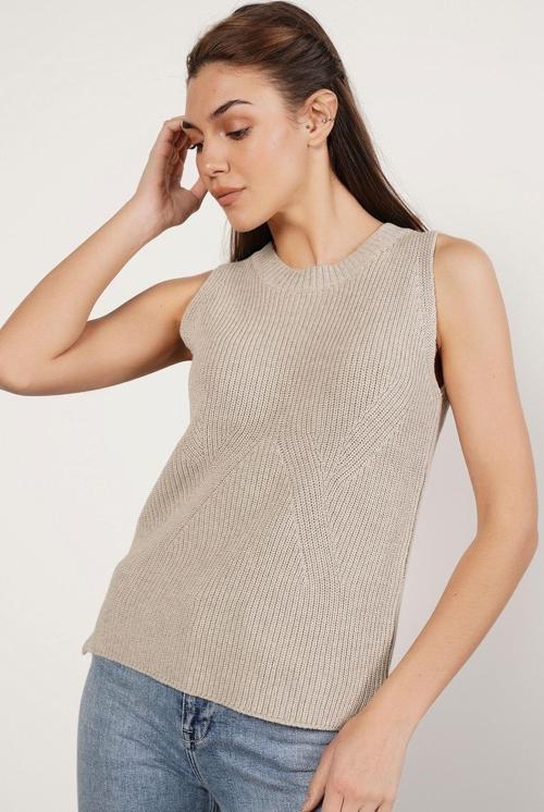 Açık Gri %100 Organik Pamuk Selanik Örgü Yırtmaçlı Bisiklet Yaka Triko Süveter Bluz