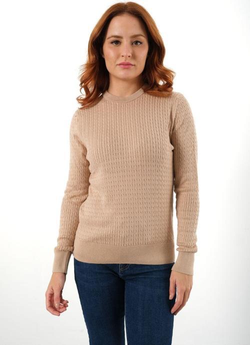 Bej %100 Organik Pamuk Bisiklet Yaka Saç Örgülü Triko Kazak Örme Bluz