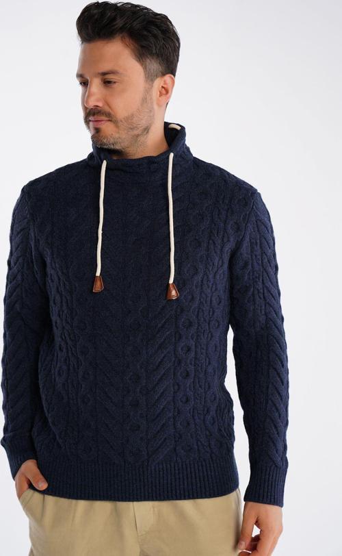 Lacivert Erkek Boru Yaka Saç Örgülü Triko Yün Kazak Trist-5322
