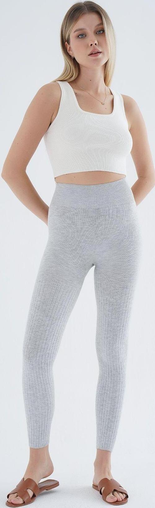 Gri Saç Örgülü Fitilli Örme Pamuk Viscon Yün İçerikli Özel İplik Dikişsiz Triko Tayt Trıst-K-1975