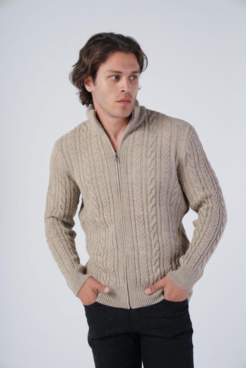 Vizon Erkek Saç Örgülü Yürütme Fermuarlı Dik Yaka Triko Yün Hırka