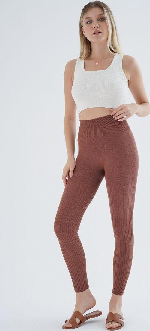 Taba Saç Örgülü Fitilli Örme Pamuk Viscon Yün Içerikli Özel Iplik Dikişsiz Triko Tayt K-1975