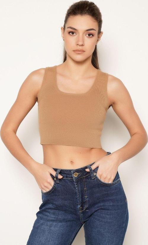 Koyu Bej %100 Organik Pamuk Likralı Crop Kare Yaka Triko Atlet Örme Bluz