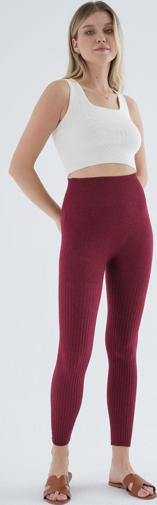 Bordo Saç Örgülü Fitilli Örme Pamuk Viscon Yün İçerikli Özel İplik Dikişsiz Triko Tayt Trıst-K-1975