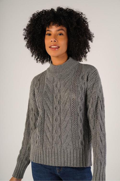 Gri Kadın Saç Örgülü Yarım Balıkçı Yaka Yün Kazak