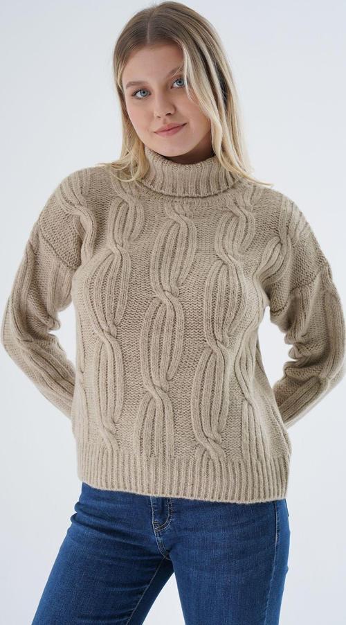 Kadın Bej Oversize Balıkçı Yaka Selanik Saç Örgülü Yünlü Özel İplik Triko Örme Kazak Trıst-6159