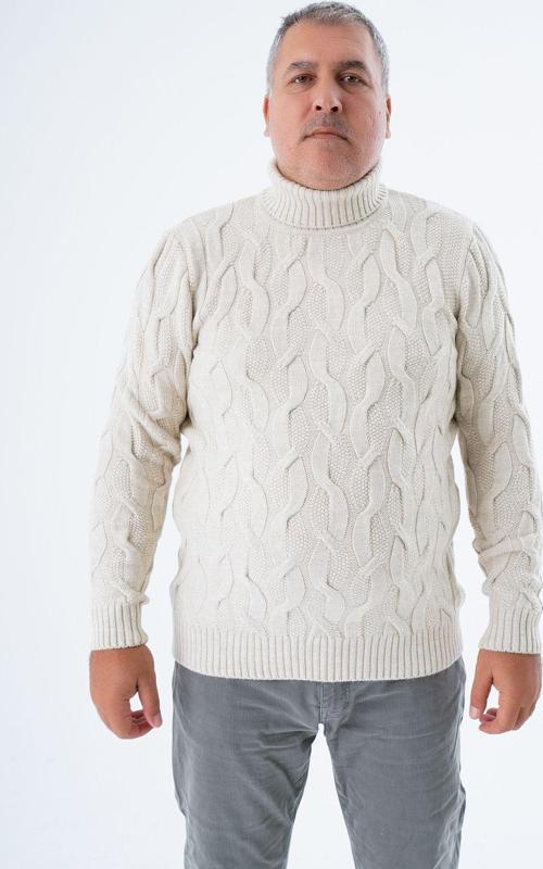 Büyük Beden Erkek Bej Balıkçı Yaka Pirinç Saç Örgülü Yün Triko Örme Kazak Trıst-2118