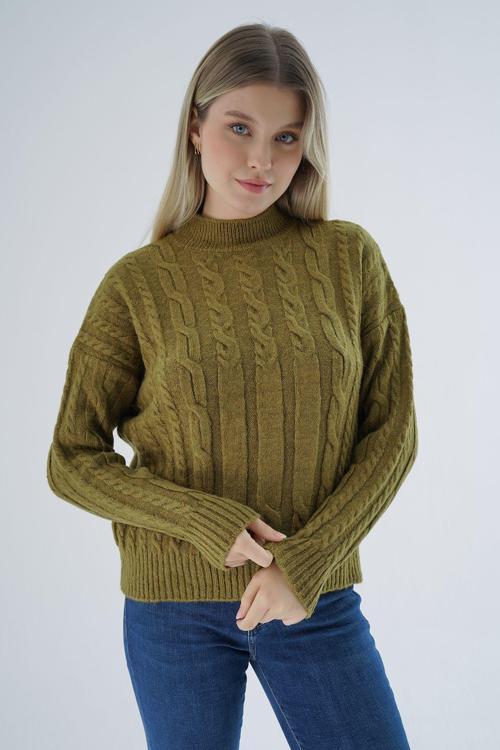 Kadın Olive Oversize Yarım Balıkçı Saç Örgülü Yünlü Özel İplik Triko Örme Kazak Trıst-6158