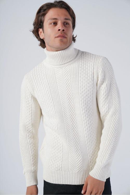 Kemik Erkek Yürütme Saç Örgülü Balıkçı Yaka Triko Yün Kazak