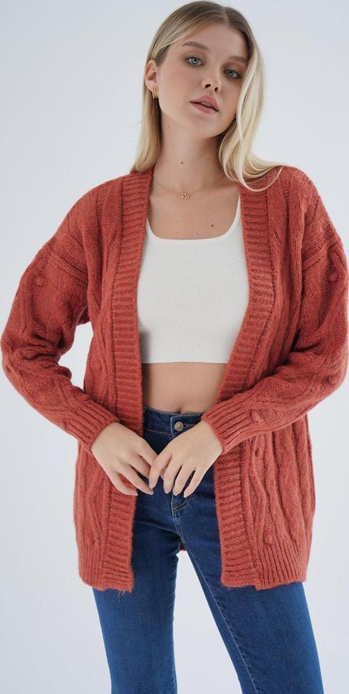 Kadın Kiremit Oversize Pon Ponlu Yürütme Örgülü Uzun Yün Karışımlı Triko Örme Hırka Trıst-6165
