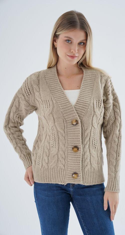 Kadın Bej Oversize V Yaka Saç Örgülü Ajurlu Düğmeli Yün Karışımlı Triko Örme Uzun Hırka